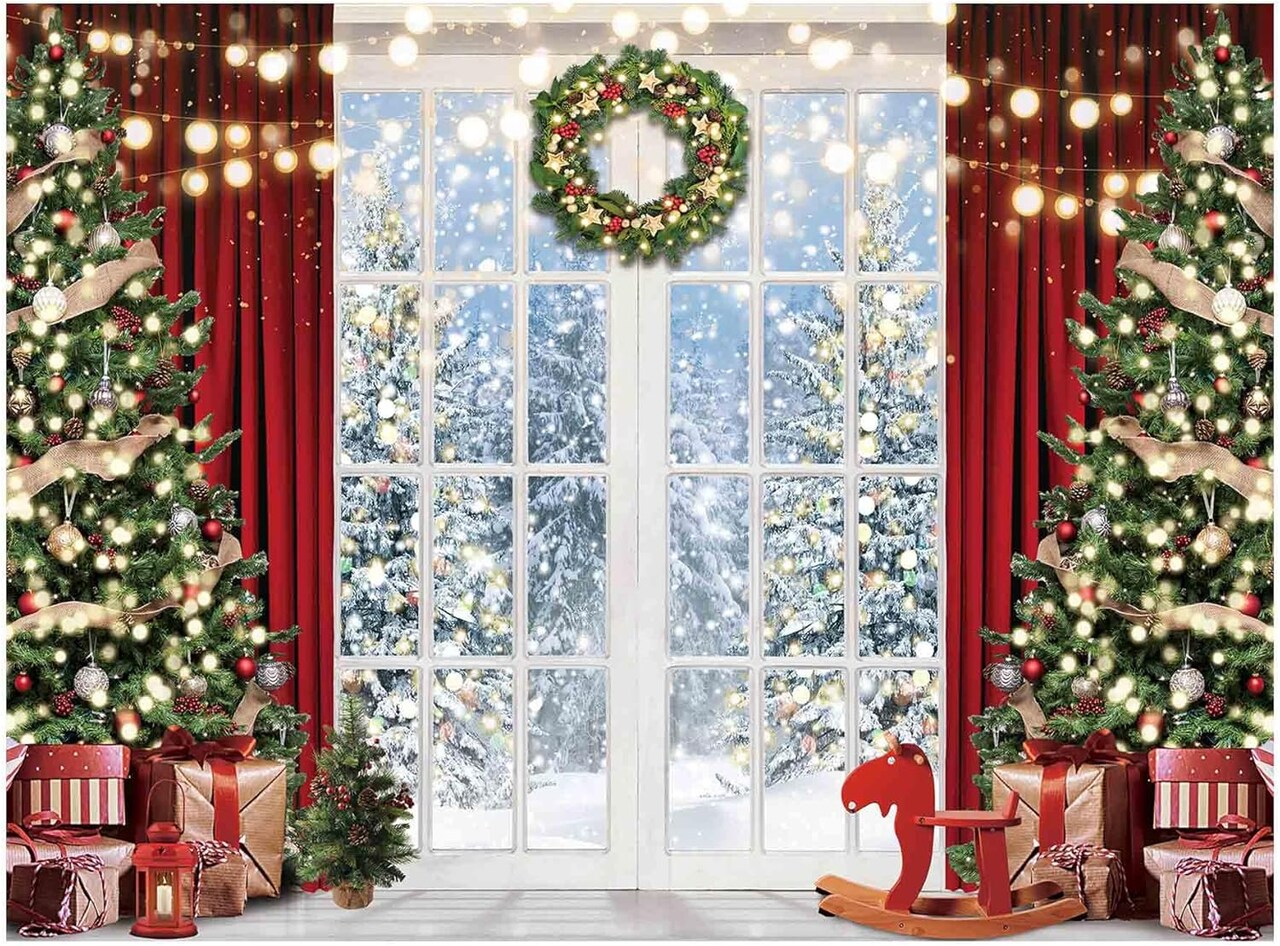 96" x 72" Christmas Window Backdrop for Photography Winter Merry Xmas Tree Background Snow Holiday Photobooth Portrait Party Banner Festival Photo Studio Props Supplies